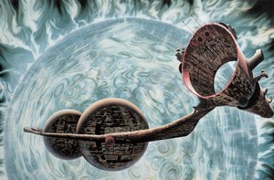 Glenn Brown, The Loves of Shepherds (after “Doublestar” by Tony Roberts), 2000. Oil on canvas, 86 ½ × 132 ¼ inches (219.5 × 336 cm) © Glenn Brown