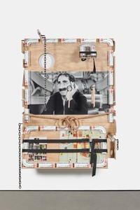 Jordan Wolfson, Untitled, 2020. Plywood, aluminum, acrylic panels, steel chain, ratchet straps, resin-coated UV prints, adhesive media, steel hardware, cotton rag, and tape, 84 ¼ × 72 ⅞ × 30 ⅝ inches (214 × 185.1 × 77.8 cm) © Jordan Wolfson