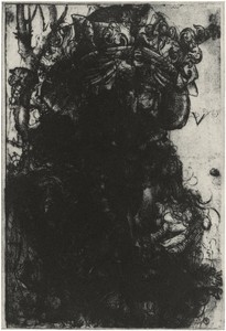 Glenn Brown, Layered Portrait (after Urs Graf) 1, 2008. Etching on Velin Arches 300gsm paper, 15 ⅞ × 11 ⅞ inches (40.5 × 30 cm), edition of 30 © Glenn Brown