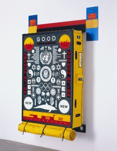 Ashley Bickerton, Good Painting #2, 1988. Silkscreen, acrylic, resin, and aniline dye on plywood with anodized aluminum and custom-made canvas cover, 90 × 69 × 18 inches (228.6 × 175.3 × 45.7 cm) © Ashley Bickerton