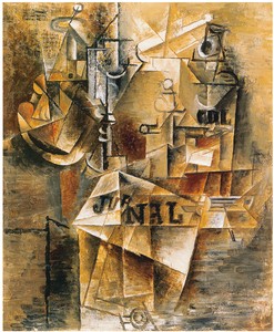 Pablo Picasso, Nature morte au journal, spring 1912. Oil and charcoal on canvas, 17 ⅝ × 15 ⅛ inches (46 × 38.5 cm) © 2018 Estate of Pablo Picasso/Artist Rights Society (ARS), New York