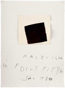 Cy Twombly, Malevich in Pointe-à-Pitre, 1980. Tempera, pencil, and staples on handmade rag paper, 30 ⅛ × 22 ¼ inches (76.4 × 56.4 cm) © Cy Twombly Foundation
