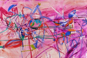 Jadé Fadojutimi, Taught Thought, 2021. Acrylic, oil, and oil stick on canvas, 78 ¾ × 118 ⅛ inches (200 × 300 cm) © Jadé Fadojutimi. Photo: Eva Herzog