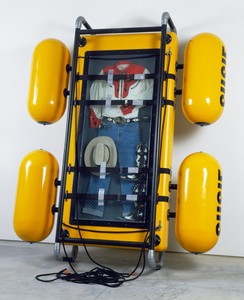 Ashley Bickerton, Seascape: Floating Costume to Drift for Eternity II (Cowboy Suit), 1992. Enamel on milled aluminum, anodized aluminum, rope, wood, safety glass, caulk, fiberglass, nylon webbing, and found object, 91 ¾ × 81 ⅛ × 221 ½ inches (233 × 206 × 57.1 cm) © Ashley Bickerton