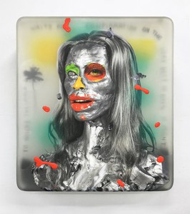 Ashley Bickerton, Painting Thing: To Where the World, 2019. Oil and acrylic on inlaid archival digital print on resin and fiberglass, 59 × 53 × 3 ⅜ inches (150 × 135 × 8.4 cm) © Ashley Bickerton