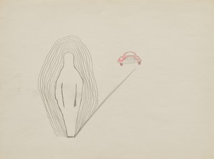 Walter De Maria Untitled [Shadow with Red Car], c. 1961–64. Graphite and colored pencil on paper, 18 × 24 inches (45.7 × 61 cm) © 2025 Estate of Walter De Maria. Photo: Thomas Lannes