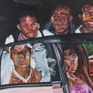 Nathaniel Mary Quinn, No Wedding, No Cake; No Prom, No Date, 2020. Oil paint, paint stick, oil pastel, and gouache on linen over wood panel, 48 × 48 inches (121.9 × 121.9 cm) © Nathaniel Mary Quinn. Photo: Rob McKeever