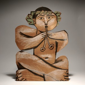 Pablo Picasso, Musicien assis, 1956. Pastel on cut and painted plywood, 29 ¼ × 20 ¾ inches (74 × 52.5 cm) © 2018 Estate of Pablo Picasso/Artist Rights Society (ARS), New York