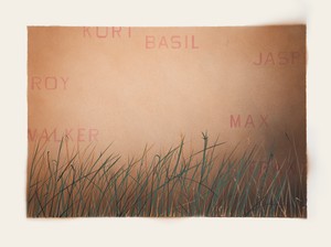 Ed Ruscha, Artists, 1998. Acrylic on paper, 30 ¼ × 39 ½ inches (76.8 × 100.2 cm), Joslyn Art Museum, Omaha, Nebraska © Ed Ruscha