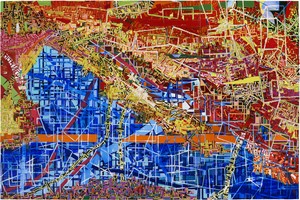 Rick Lowe, The Harbour Fragment Series: Fragment 1, 2025. Acrylic and paper collage on canvas, 96 × 144 inches (243.8 × 365.8 cm) © Rick Lowe Studio. Photo: Thomas Dubrock