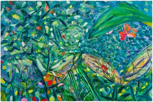 Jadé Fadojutimi, The Woven Warped Garden of Ponder, 2021. Acrylic and oil on canvas, 78 3¾ × 118 ⅛ inches (200 × 300 cm) © Jadé Fadojutimi. Photo: Eva Herzog