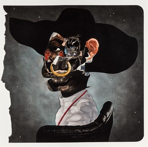 Nathaniel Mary Quinn, Junebug, 2015. Charcoal, gouache, soft pastel, oil pastel, oil paint, paint stick, and acrylic silver leaf on Coventry vellum paper, 41 × 44 inches (104.1 × 111.8 cm) © Nathaniel Mary Quinn