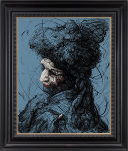 Glenn Brown, Sonnet Lover, 2024. Acrylic and india ink on panel, in frame, 44 ½ × 38 ¼× 3 ⅛ inches (113 × 97 × 8 cm) © Glenn Brown. Photo: Prudence Cuming Associates Ltd